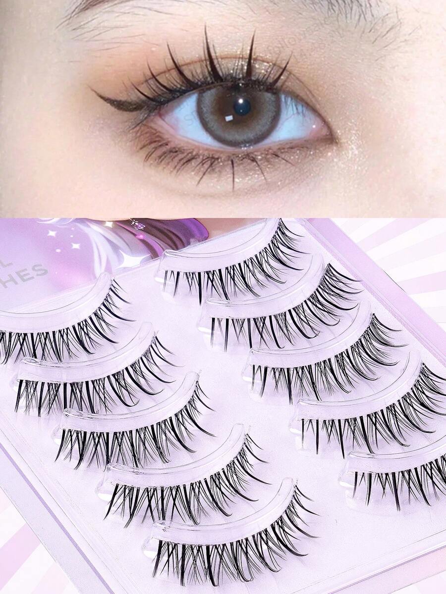 5 对交叉纤细假睫毛，动漫睫毛，透明茎，自然仿貂皮睫毛，蓬松假睫毛，自然假睫毛蓬松柔软戏剧性 3D 水貂眼黑色细长睫毛，2025 年夏季旅行必备品，节日礼物指南，海滩度假，露营旅行，欧洲背包旅行，条状睫毛，睫毛，睫毛，假睫毛 - 黑色 - 查看 1