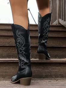 复古西部风格粗跟过膝长靴 - 黑色 - 查看 6