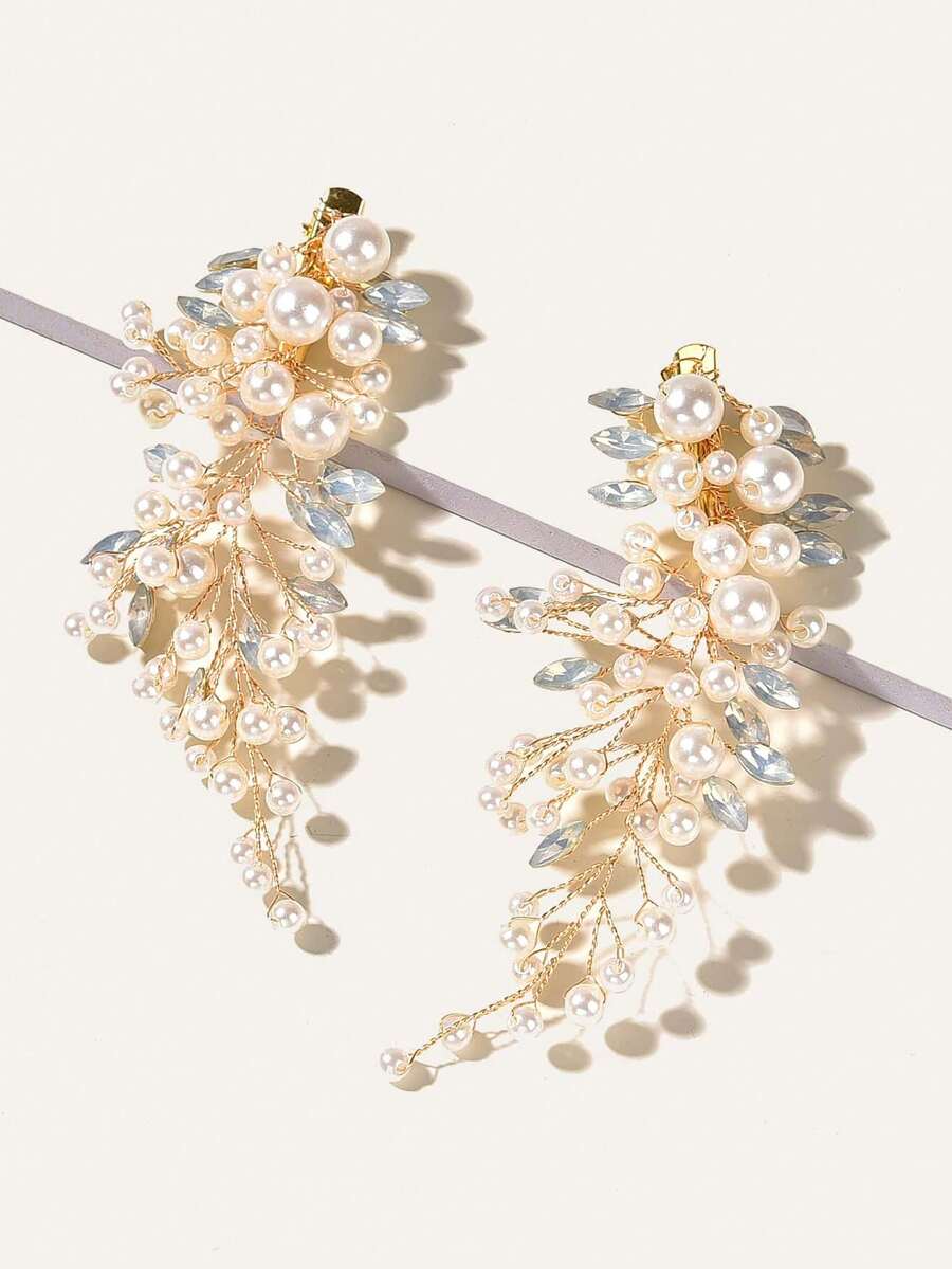 Set de 2 pinzas para el cabello de mujer con perlas falsas, cristales de proteína y rhinestones, accesorios para el cabello de novia y boda, pinzas de garra, pasadores para el cabello, barrettes, accesorios para la cabeza, horquillas, para verano, vacaciones, viajes, festivales, fiestas - Dorado - Ver 1