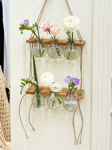 Probówka do roślin hydroponicznych, wiszący wazon na ścianę, wiszący stojak na kwiaty z drewnianej liny, innowacyjny dekoracyjny szklany pojemnik