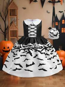Young Girls Bat Pattern Black & White Contrast Halloween Party Princess Dress, Comes With Bag (Excluding Hair Accessories, Fabric Pattern Random) - Black and White - View 2