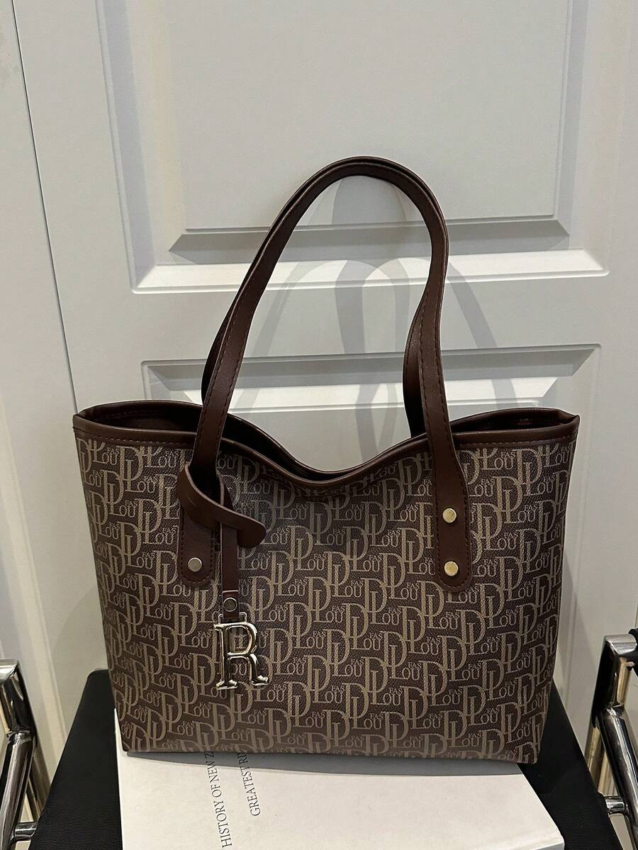 Large Capacity Letter Print Tote Bag, Quilted Shoulder Bag For Women, Commuting - Coffee - View 1