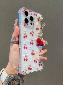 1pc Transparent Solid Color Protective Phone Case With Cute Cherry Pattern And Cherry Pendant Charm, Compatible With IPhone 17/17Pro/17ProMax/17Air, IPhone 16/16Pro/16Plus/16ProMax, IPhone 15/14/13/12/11, IPhone 13/14 Pro Max, IPhone 11 - Soft TPU Shock-Proof Protective Cover