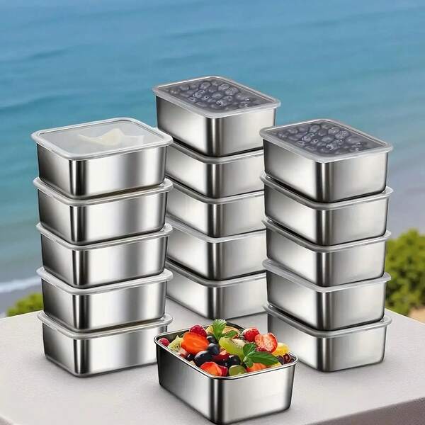 1/3/5 piezas Recipientes de almacenamiento de alimentos de acero inoxidable con tapa, cajas de almuerzo apilables y duraderas, organizadores cuadrados para el refrigerador para frutas, verduras, carne y sobras | Juego de organizadores de acero inoxidable