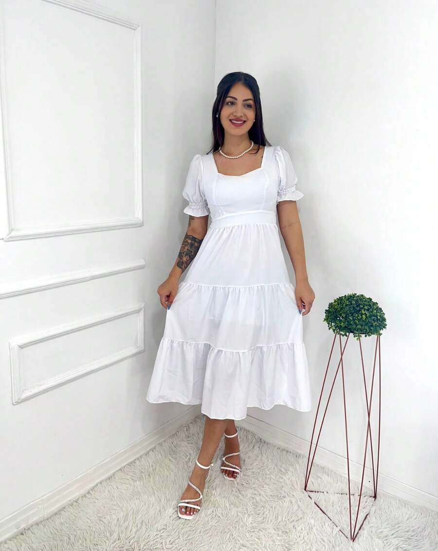 Vestido midi de crepinho liso enlegante Manga Curto - Branco - Visão 1