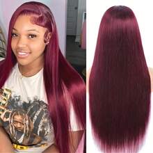 Eulisi 99J酒紅色自然髮網13X4人髮身體波浪髮前蕾絲假髮透明前蕾絲假髮染色拉絲預植髮180％密度紅酒紅髮假髮