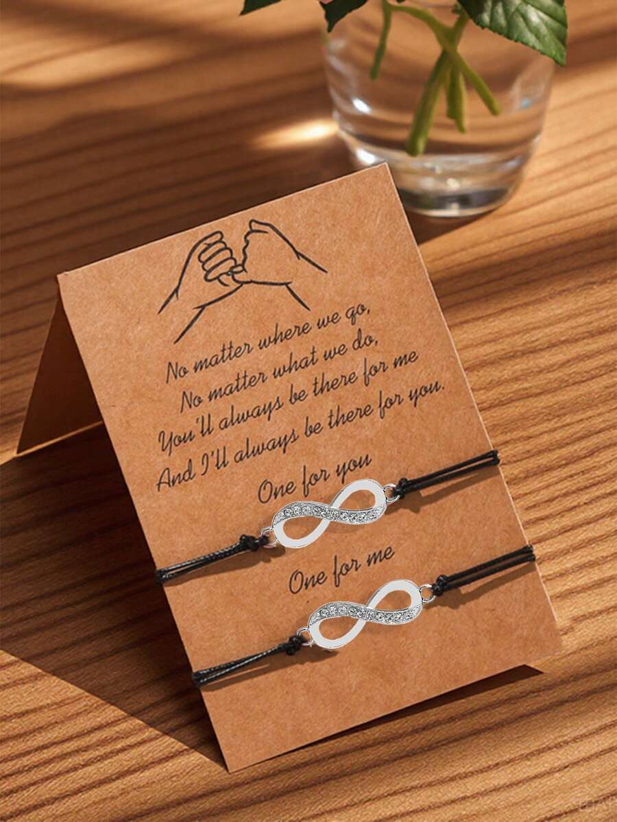 2pcs Couple/Best Friends Minimalist Rhinestone Infinity Symbol Adjustable Matching Bracelet Set, Comes With Promise Card, Suitable For Confession, Festivals, Birthdays, Gift For Girlfriend/Sister - White K - View 1
