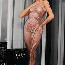 Avant-Garde "Wet Look" Body Print Slip Dress - Fashion-Forward Figure-Hugging Gown - Coffee Brown - View 1