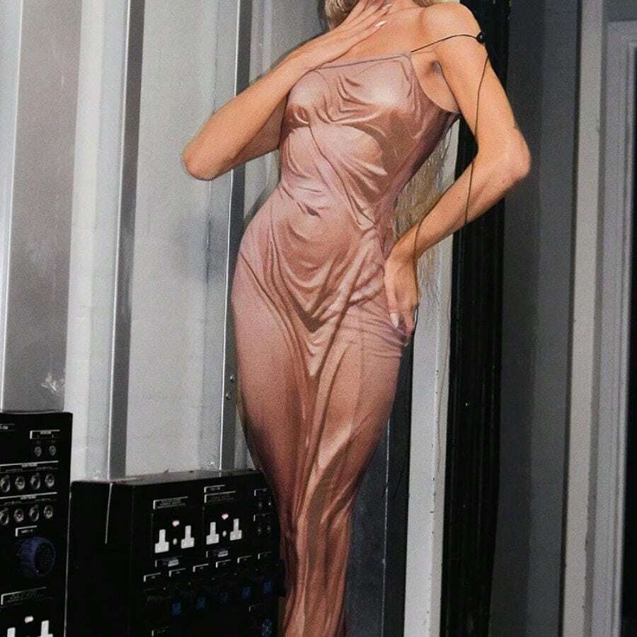 Avant-Garde "Wet Look" Body Print Slip Dress - Fashion-Forward Figure-Hugging Gown - Coffee Brown - View 1