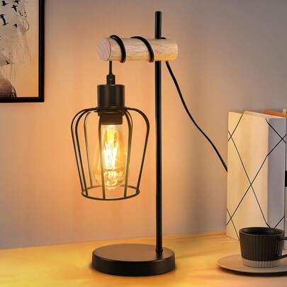 homefire Tischlampe Wohnzimmer Holz Tischleuchte Vintage: Schwarz Nachttischlampe 1 flammig im Industrial Design aus Metall E27 Fassung Retro Nachttischleuchte für Schlafzimmer Hotel - ohne Leuchtmittel