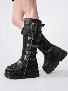 Women's Punk Thick-Soled Knee High Boots Wedge Heel Side Zipper Shoes Belt Buckle With Skull Chain Rivet Decor Fashionable Fall Boots - 黑色 - 查看 4