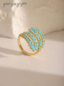 1pc European & American Style Luxurious Copper Electroplated Wheat Ear & Turquoise Adjustable Ring For Women, Flower & Leaf Design, Suitable For Daily Wear, Festivals, Weddings, Parties, Birthdays, Holidays, Gifts For Friends & Family, Christmas Gift