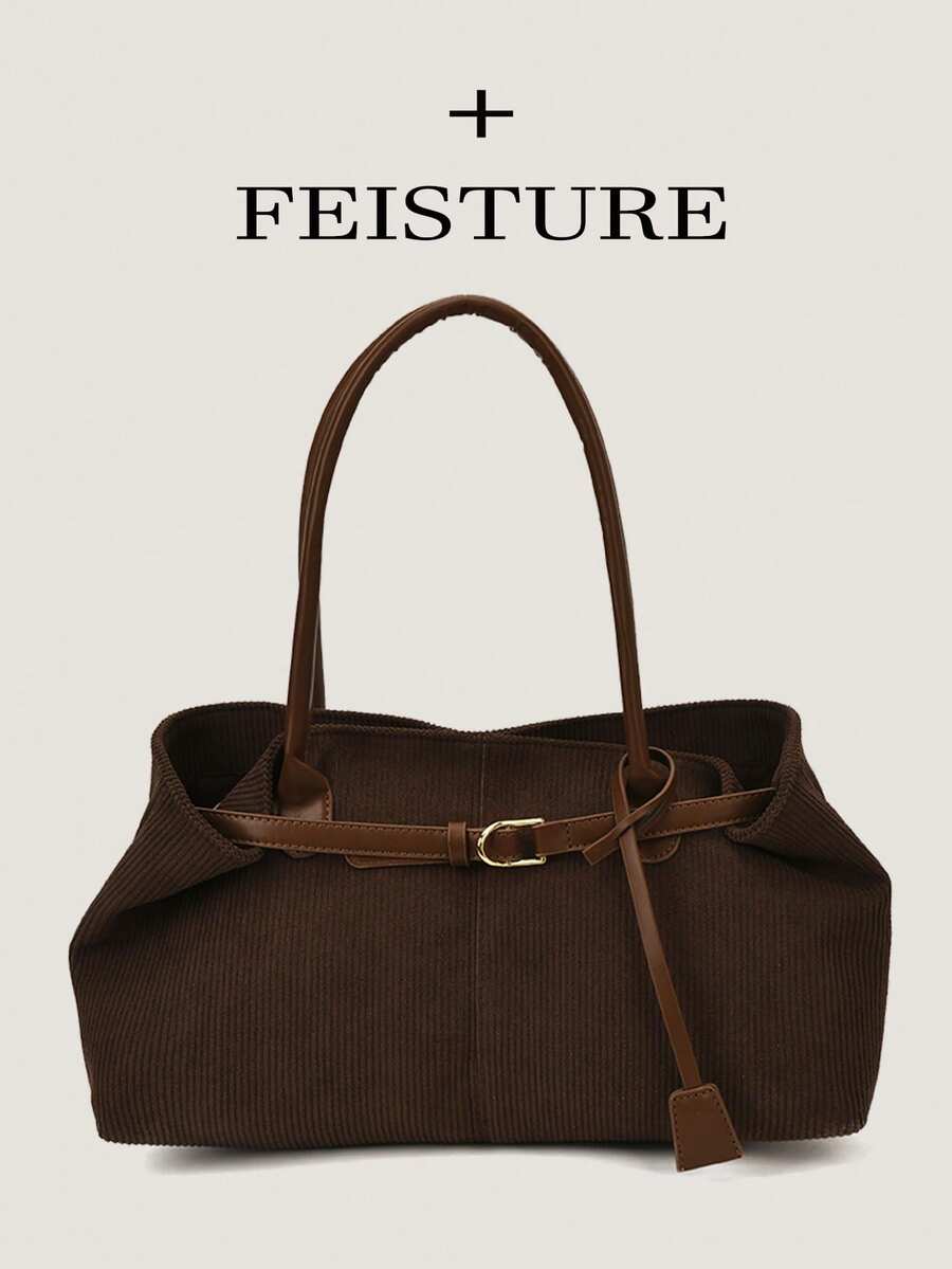 1 件全新灯芯绒面料肩带装饰大容量单肩包，磁扣，适合日常外出、约会、通勤