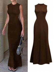 Women's Elegant Fitted Knit Dress | Sleeveless Bodycon Round Neck | Suitable For Wedding Guests, Parties, Dinners, Dates And Valentine's Day, Spring/Summer 2026 - Brown - View 7
