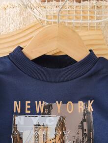 两件套男婴/女婴休闲字母和图案印花运动衫和裤子套装，舒适夏季服装 - 藏蓝色 - 查看 5