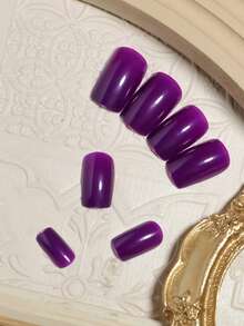 VV MEI JIA ER 24pcs Glossy Medium Square False Nails, Dark Purple Press-On Nails, Solid Color Full Coverage Fake Nails, Suitable For Women & Girls Autumn/Winter Nail Decoration - Purple - View 4
