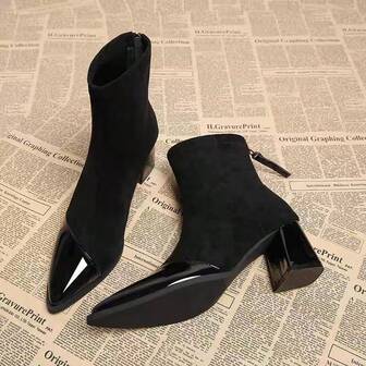 Elegant Glossy Velvet Patchwork Women's Fashion Boots, Pointed Toe Chunky Heel Zipper Closure Women's Ankle Boots, 2025 Autumn/Winter New Warm Thermal Lined, Suitable For Street, Business, Party, Wedding, Nightclub, Women's Black Boots