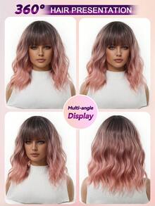 14 Inch Ombre Pink Bobo Wig, Women's Curly Wavy Wig With Bangs, Short Heat Resistant Synthetic Wig, Suitable For Party Costumes And Daily Wear, Vibrant Colors - Pink - View 3