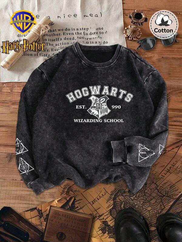 Warner Bros LILL,Winter Women's Hogwarts Pattern Round Neck Sweatshirt Top, Slightly Stretch Fit Washed And Distressed Cotton Black Pullover Long Sleeve Sweatshirt, Casual Daily Sweatshirt Top