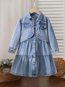 2pcs/Set Girls Casual Denim Jacket And Denim Suspender Dress Outfit, Suitable For Daily Wear, Autumn/Winter New Arrival - Light Wash - View 3
