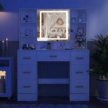 Tocador con tablero grande, 7 cajones, espejo iluminado y armarios potentes, tocador de dormitorio para adolescentes - Perfect For Organizing Makeup, Skincare, Elegant Vanity|Decorative Vanity, Vanity Furniture, Compact For Small Space, Bedroom Decor Gift, Perfect Gift For Women Girls , Ideal para regalos de Navidad y Halloween. - Blanco - Ver 7