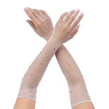 Fashionable Rhinestone Shiny Mesh Clubbing Sexy Black Fishnet Elastic Rhinestone Gloves, Suitable For Halloween & Carnival