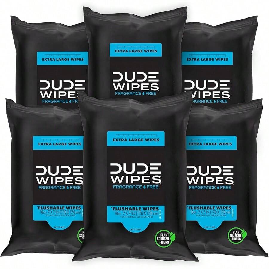 DUDE Wipes - Flushable Wipes Travel Pack - 6 Pack, 108 Wipes - Mint Chill Extra-Large Adult Wet Wipes - Vitamin-E, Aloe Vera, Eucalyptus, And Tea Tree Oils - Septic And Sewer  Butt Wipes - Không mùi thơm - Xem 1