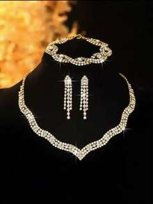 Conjunto de joyería para mujer - Collar, aretes y pulsera, adecuado para bodas y fiestas - Dorado - Ver 1