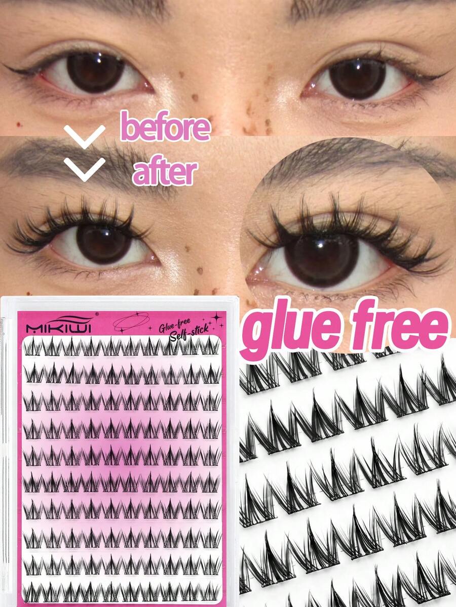Mikiwi 100PCS Self Adhesive Cluster Lashes,Natural C Curl No Glue/Glue Free Lash Clusters,Press On Lashes,Individual Eyelash Extension,Short Lashes Wispy Natural Looking Soft Pre-Bond Eyelashes For Beginner - 黑色 - 查看 1