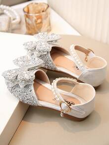 1 Pair Baby Girls' Princess Bow Rhinestone Teddy Bear Sandals, Casual Versatile Flat Open Toe Beach Sandals, Suitable For Toddler/Little Kid/Big Kid