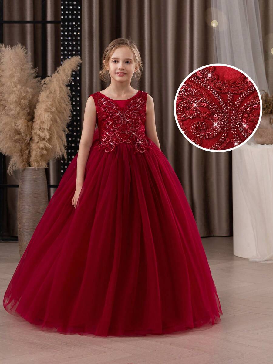 少女勃艮第手工串珠亮片装饰 V 领优雅派对礼服，公主裙适合女孩生日派对、宴会、舞会、花童婚礼伴娘礼服、节日庆典 - 酒紅色 - 查看 1