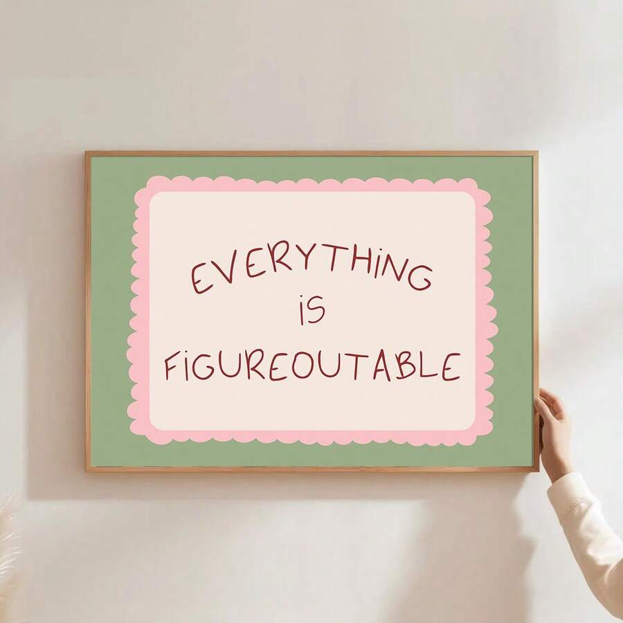 1pc Unframed "Everything Can Be Solved" Inspirational Quote Poster, Cute Green & Pink Font Wall Art Canvas Print, Minimalist Girly Room Aesthetic Dopamine Decor Painting, Suitable For Apartment, Living Room, Bedroom, Modern Home Decor - Multicolor - View 1