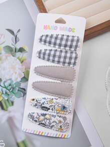 6件儿童发夹，印花婴幼儿女孩发夹，防滑包裹式发夹，花朵发夹，女孩发饰