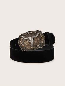 2pcs Western Cowboy Style Retro Buckle PU Leather Belt, Versatile For Jeans, Black Color Buckle May Have Random Paint Spill - Multicolor - View 2