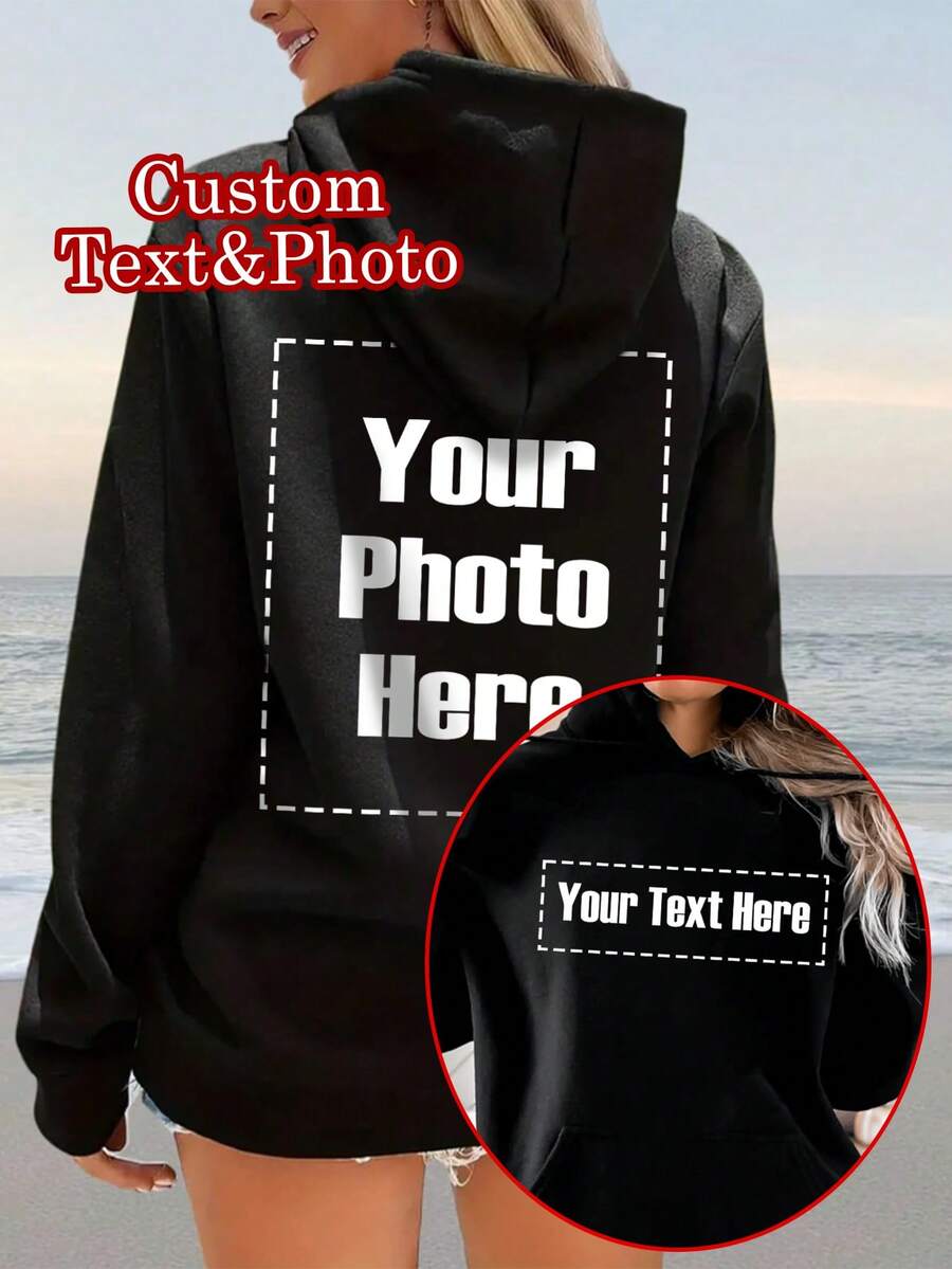 Custom Women's Hooded Sweatshirt With Pockets - Custom Thickened Sweatshirt, Add Text And Photos, Customize The Front And Back Of The Sweatshirt, Front Text, Back Photo, Custom Autumn And Winter Special Hooded Sweatshirt, Halloween, Christmas Customization, Design Personalized Printed Sweatshirt, As A Gift For Girlfriends, Family, Yourself - Black - View 1