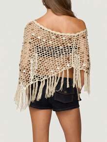 Women Sequin Embellishment Sheer Poncho Top Fringe Hem Off Shoulder See-Through Lightweight Knit Crochet Shrug Bolero Mesh Batwing Sleeve Sweater Fishnet Shawl Beach Cover Up Pullover Beachwear - 米色 - 查看 3