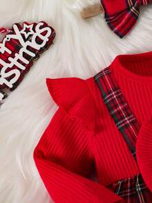 Baby Girls Christmas Ribbed Ruffle Bow Santa Claus + Bow Hair Scrunchie - Red - View 8
