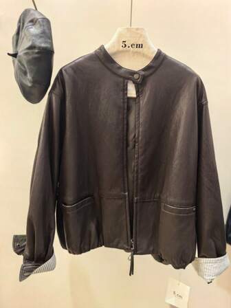 Women's Solid Color Front Zipper Casual Vacation Faux Leather Jacket