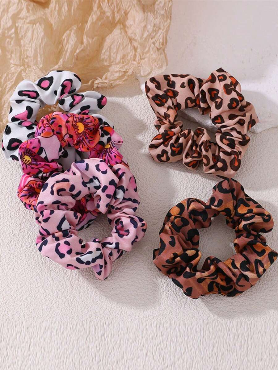 Set de 5 scrunchies de poliéster con estampado de leopardo, lazos elásticos para el cabello, sujetadores de coleta, de temporada, sin daños, para verano, vacaciones, viajes - Mezcla de colores - Ver 1
