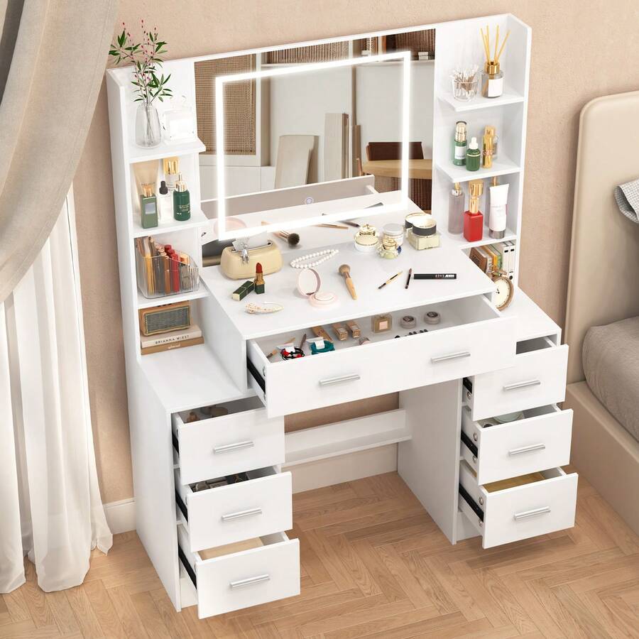 Tocador con espejo, luces LED y 7 cajones - Perfect For Organizing Makeup, Skincare, Elegant Vanity|Decorative Vanity, Vanity Furniture, Compact For Small Space, Bedroom Decor Gift, Perfect Gift For Women Girls , Ideal para regalos de Navidad y Halloween. - Blanco - Ver 1