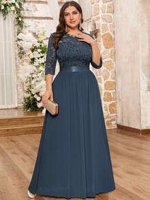 MIUSOL Plus Ruffle Neck Floral Lace Bodice Contrast Ruched Chiffon Hem Formal Party Dress - 灰色 - 查看 3