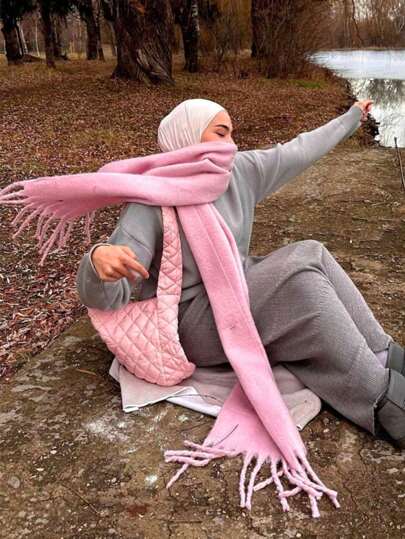 1pc Solid Color Long Tassel Scarf, Warm Neck Wrap, Thick Knitted Shawl With Tassels, Wearable For Winter Women Winter Scarves