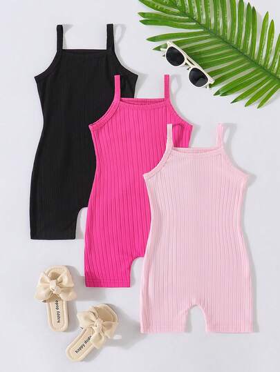 Set de 3 piezas de mono de bebé niña de unicolor acanalado, ropa deportiva y para exteriores