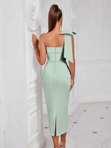 Elisanya Elegant One Shoulder Solid Color Bowknot Decor Strapless Slit Backless Midi Cocktail Party Prom Dress - Light Green - View 2