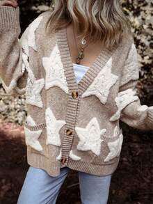 Acelitt Cardigan oversize da donna con maniche raglan, tasche, patch e ricamo a stelle, colorblock, adatto per l'inverno - Multicolore - Visualizzare 4