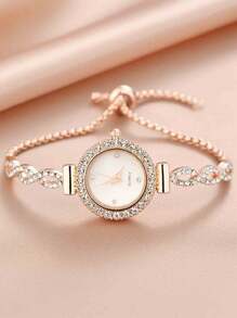 时尚女士手链表，奢华圆形表盘，钻石水钻水晶波纹设计，金属石英表，女友礼物 - 銀色 - 查看 6
