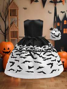 Young Girls Bat Pattern Black & White Contrast Halloween Party Princess Dress, Comes With Bag (Excluding Hair Accessories, Fabric Pattern Random) - Black and White - View 4