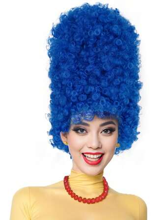 할로윈 코스프레 및 파티를 위한 로열 블루 곱슬 키가 큰 벌집 코스튬 가발 재미있는 탑 햇 가발 합성 여성 가발 휴일 카니발 콘서트 휴가 코믹콘 전시회 생일 선물 크리스마스 나이트클럽 축하 장식을 위한 데일리 파티 가발