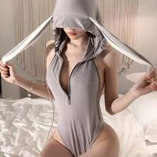 1pc Women's Sexy Bunny Costume With Deep V-Neck Hooded Bodysuit & Rabbit Ears - Backless Lingerie For Role Play, Themed Parties, Cosplay - Soft Comfortable One-Piece Outfit (Hand Washable) - Cute & Sexy Adult Costume - 淺灰色 - 查看 2