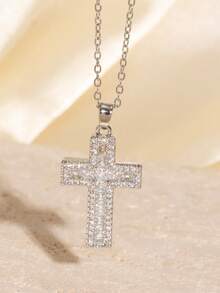 1pc European & American Rhinestone Hip Hop Style Pendant Necklace Vintage Copper Rhinestone Cross Choker Necklace Titanium Steel Necklace Pendant, Everyday Wear